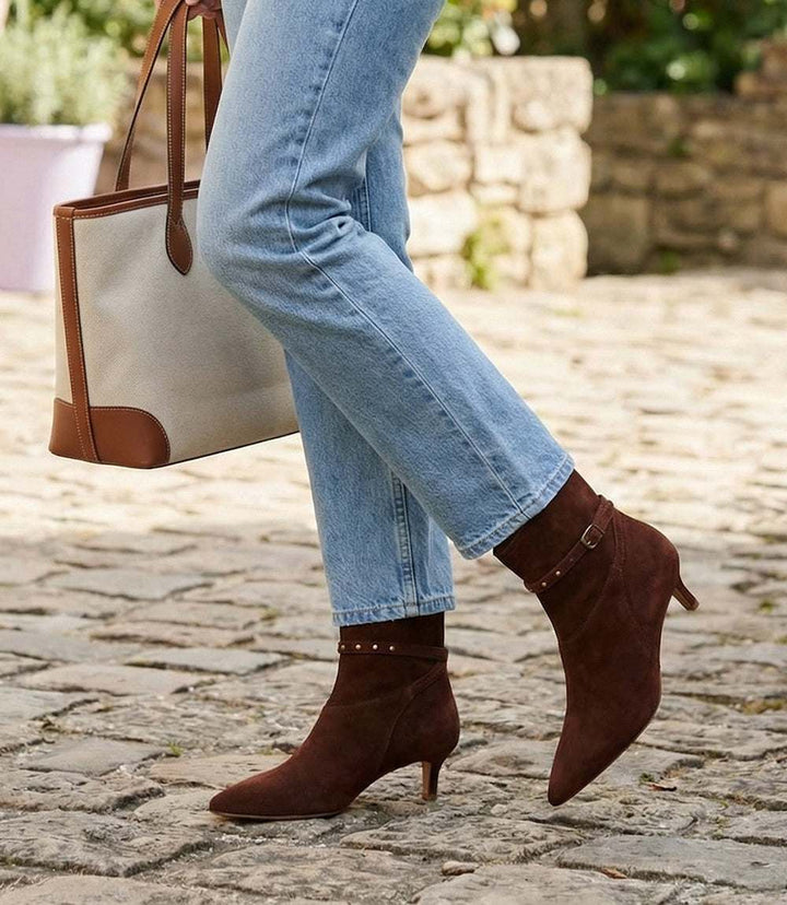 Seychelles Milan Booties chocolate suede ankle booties with pointed toe and low kitten heel