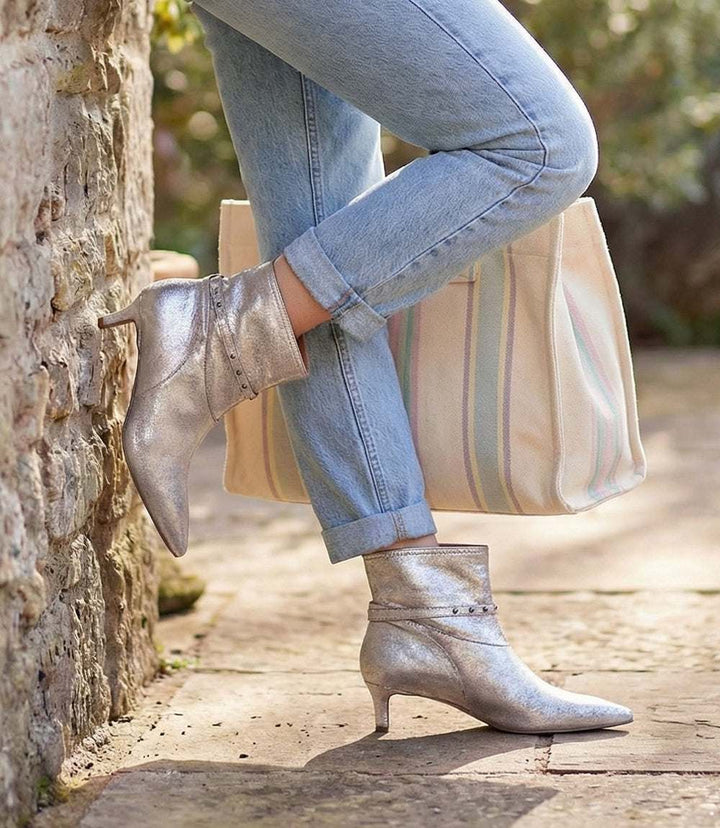 Seychelles Milan Booties metallic pewter suede ankle booties with pointed toe and low kitten heel