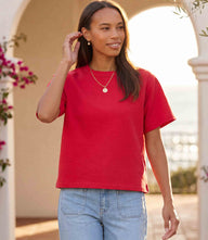 Short sleeve top in soft stretch French terry with crew neck and boxy silhouette