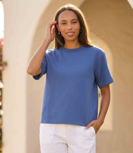 Short sleeve top in soft stretch French terry with crew neck and boxy silhouette