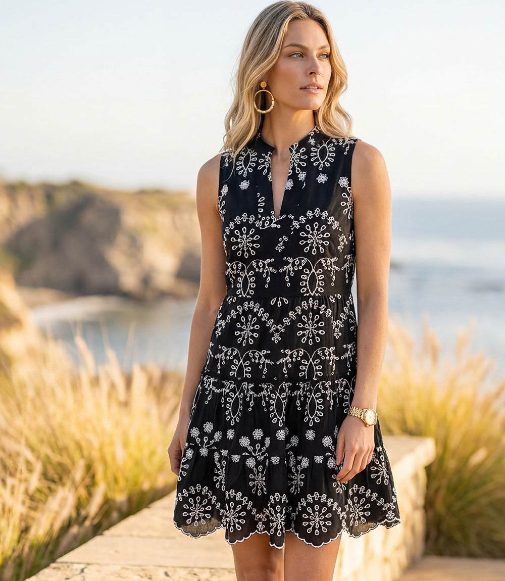 Karen Kane Women's Sleeveless Eyelet Dress, Extra Large, XL, Black With Off White, Embroidered, 100% Cotton Karen Kane Women's Sleeveless Eyelet Dress, Extra Large, XL, Black With Off White, Embroidered, 100% Cotton
