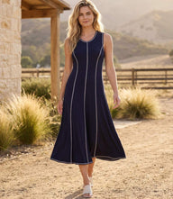 Sleeveless stitch detail midi dress with scoop neckline and contrast stitching in heavy rayon spandex