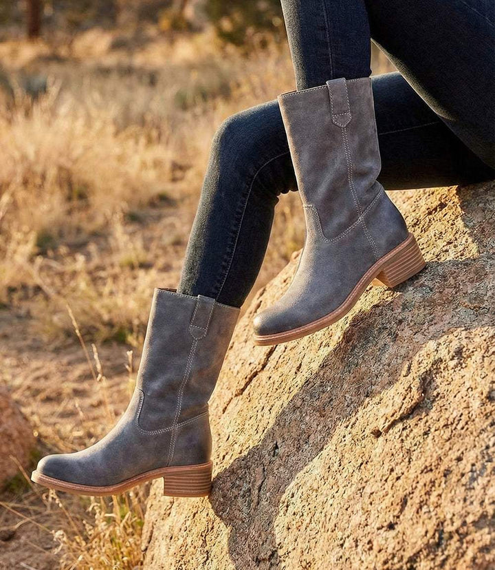 Söfft Tabitha Pull On Boot in blue Italian suede with round toe and stacked wooden heel