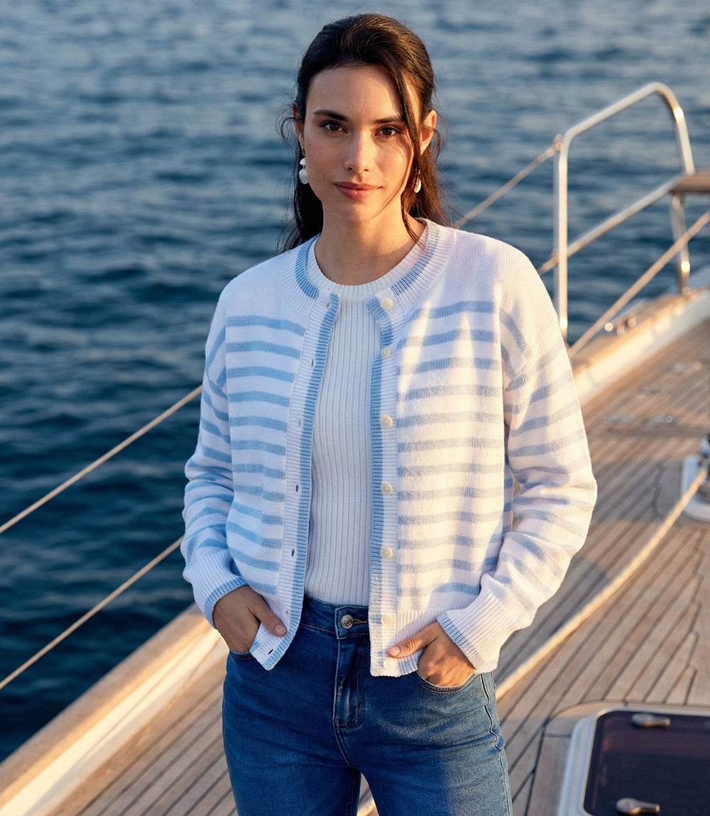 Soft stripe cardigan sweater with button front and crew neckline for layering