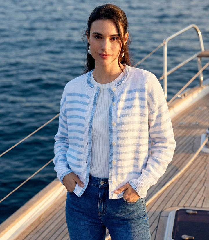 Soft stripe cardigan sweater with button front and crew neckline for layering