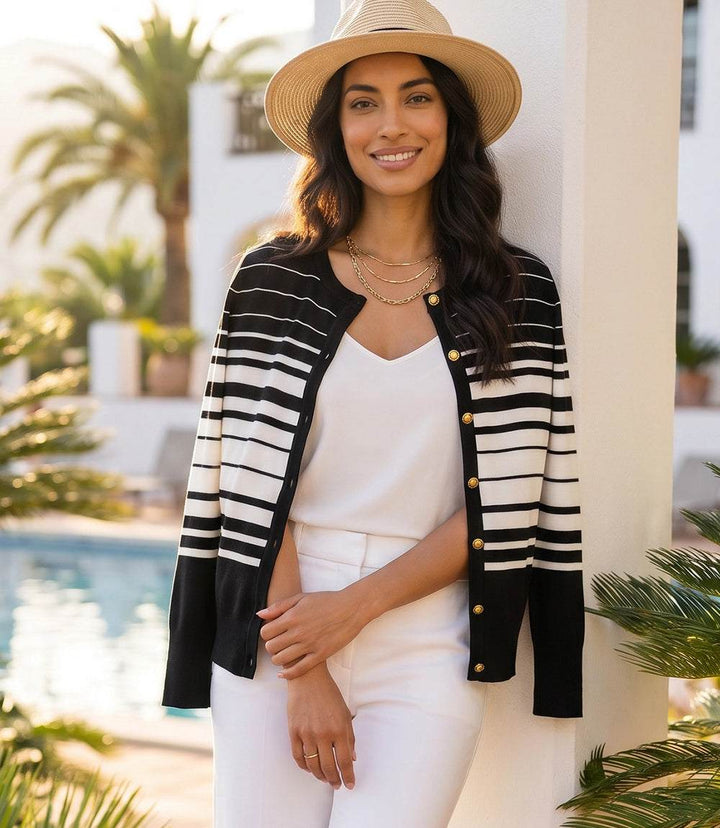 Modern stripe cardigan sweater with gold buttons and set-in long sleeves for polished layering