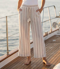 Wide-leg stripe embroidered cropped pants with tasseled drawstring and side pockets