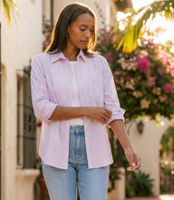 Pink and light blue stripe long sleeve button-up shirt with classic collar and front pocket