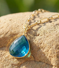 Teal quartz pendant on gold-plated paperclip chain with lobster clasp and extender