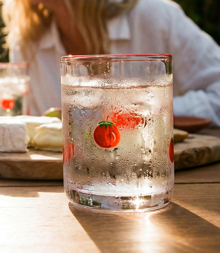 Tomato hand-painted glass with vibrant tomato artwork for cocktails and summer drinks