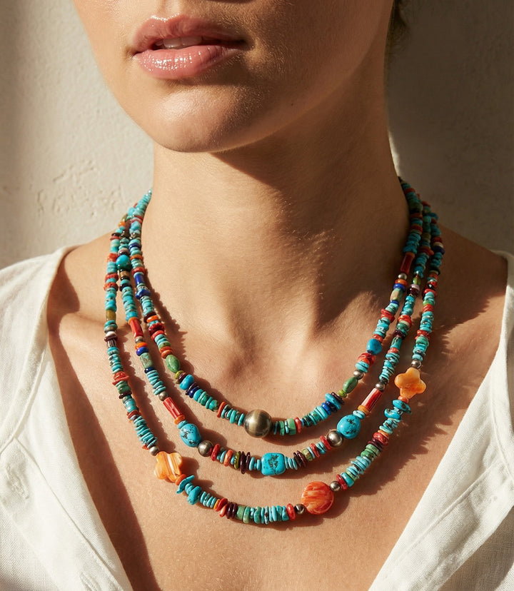 Triple Strand Spiny Oyster And Turquoise Necklace