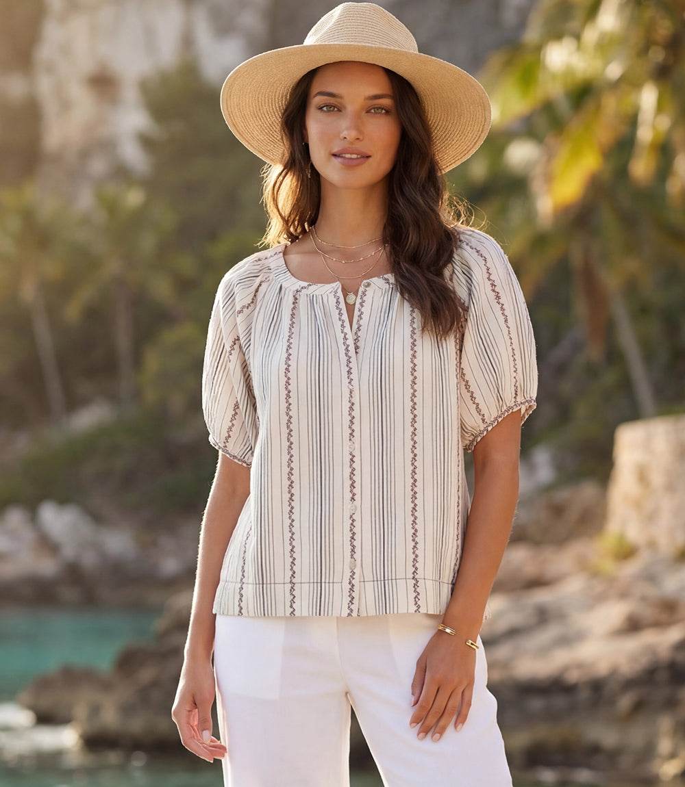 Women wearing a Stripe Puff Sleeve Embroidered Peasant Top with button-front and embroidered details