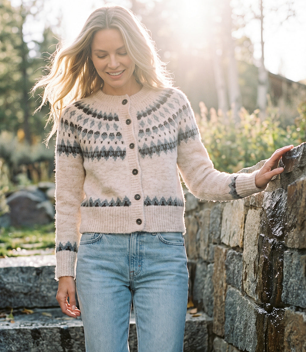 Jacquard Crewneck Cardigan Sweater
