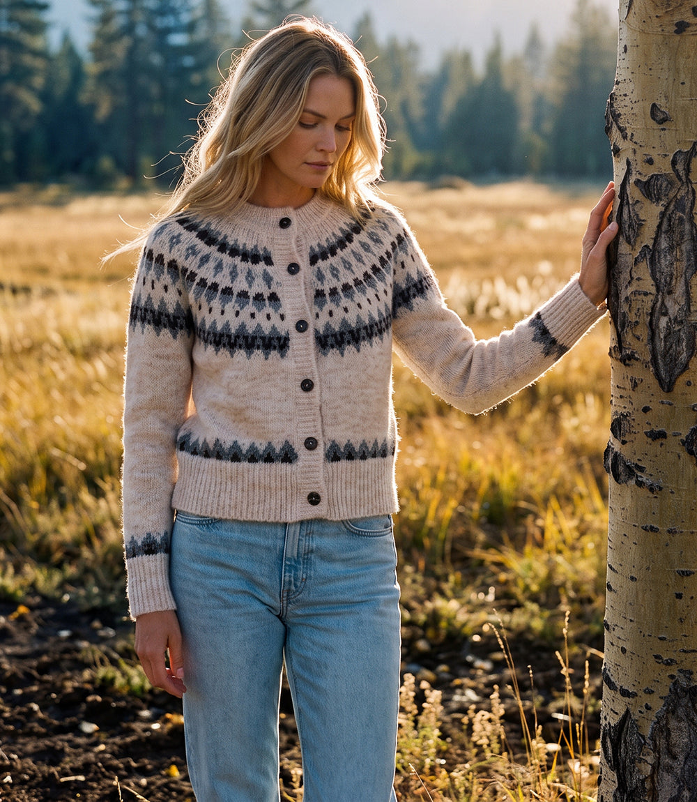 Jacquard Crewneck Cardigan Sweater