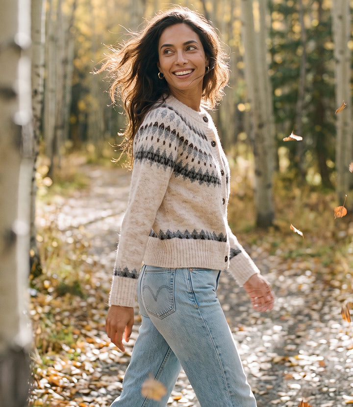 Jacquard Crewneck Cardigan Sweater