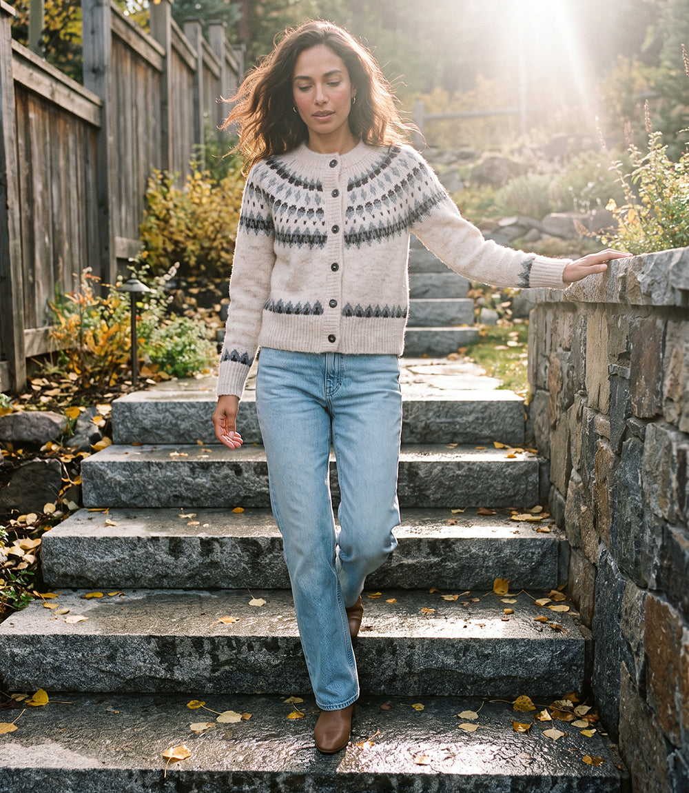 Jacquard Crewneck Cardigan Sweater