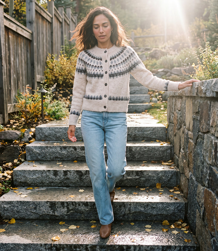 Jacquard Crewneck Cardigan Sweater