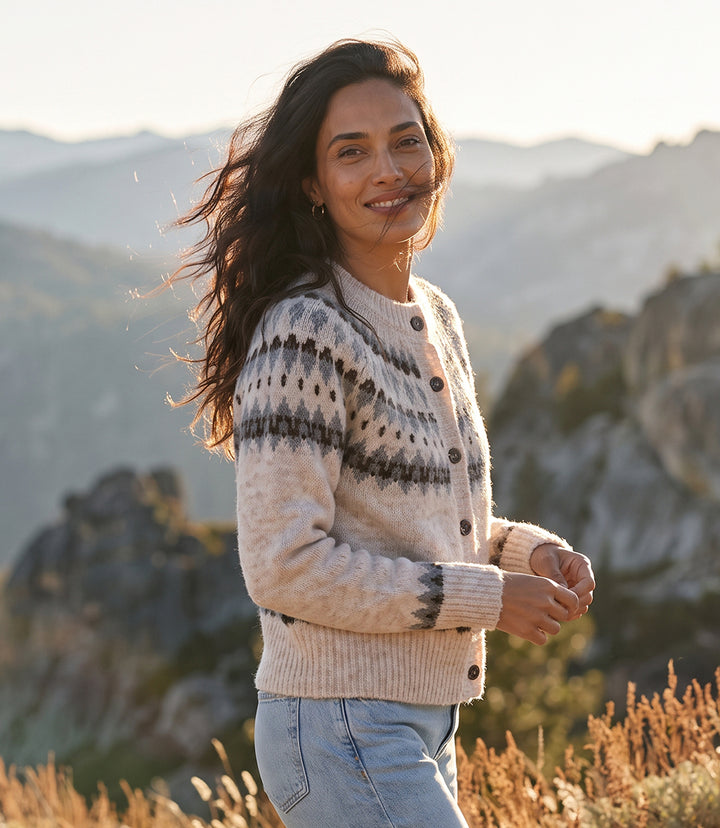 Jacquard Crewneck Cardigan Sweater