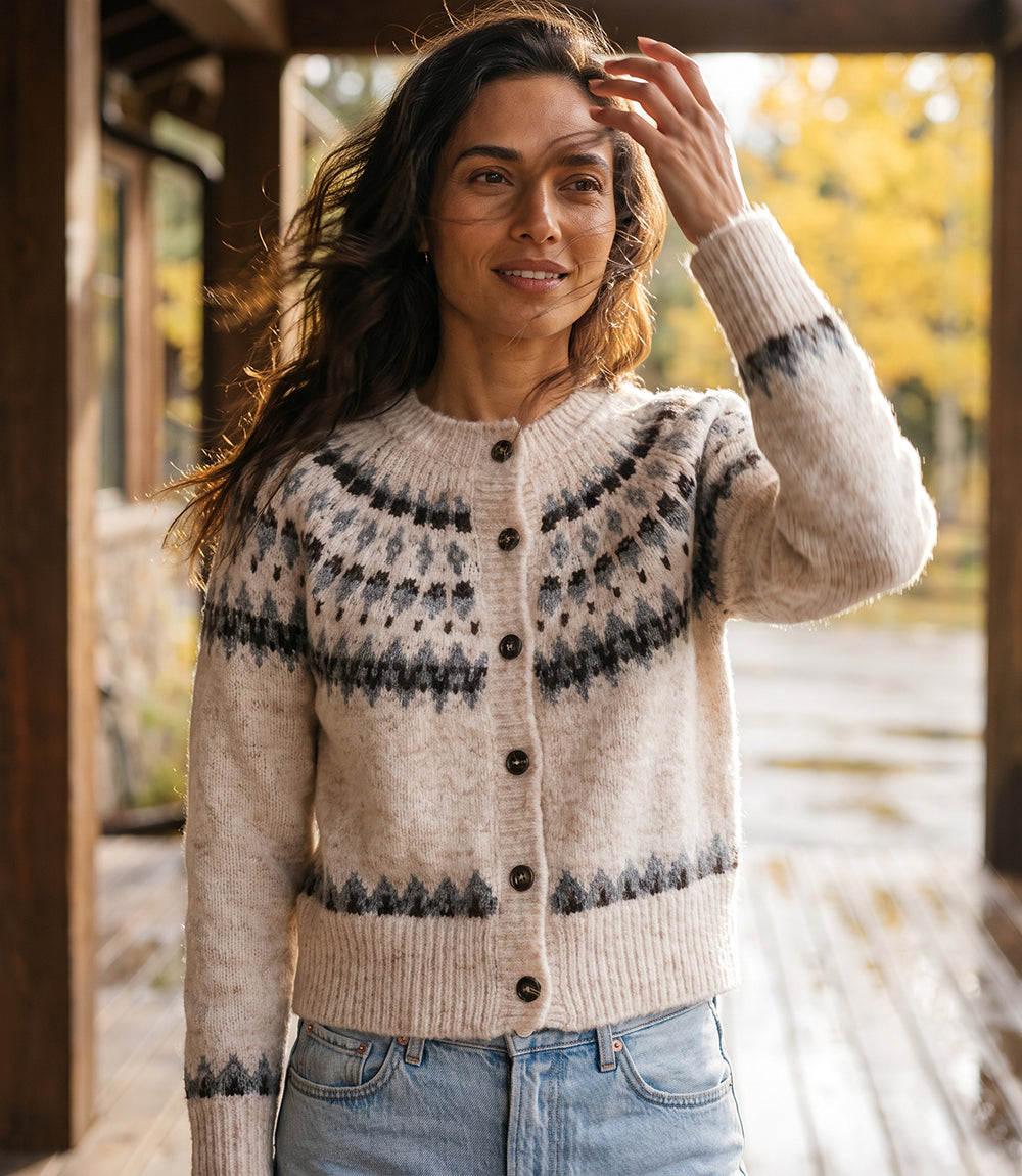 Jacquard Crewneck Cardigan Sweater