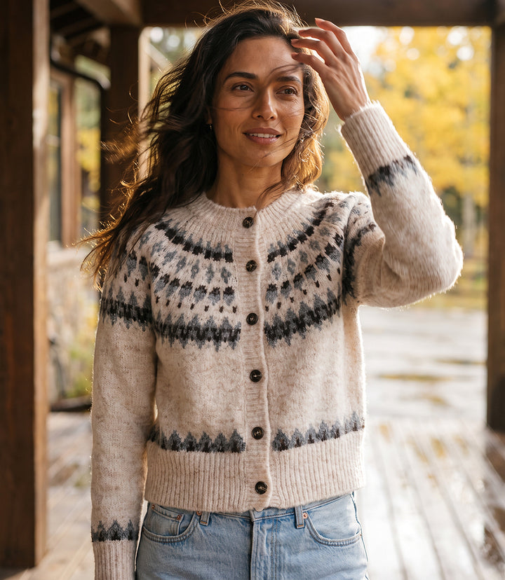 Jacquard Crewneck Cardigan Sweater