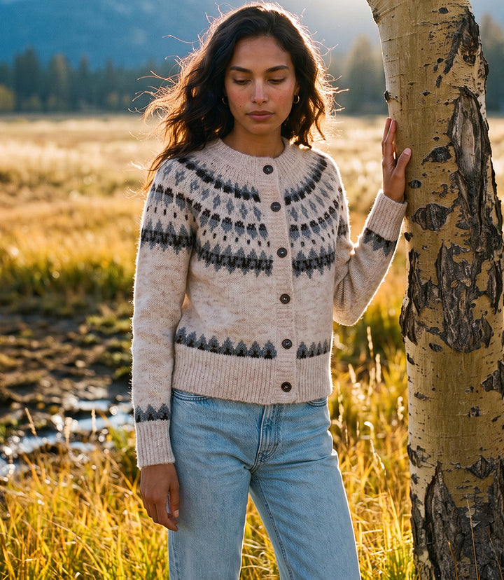 Jacquard Crewneck Cardigan Sweater