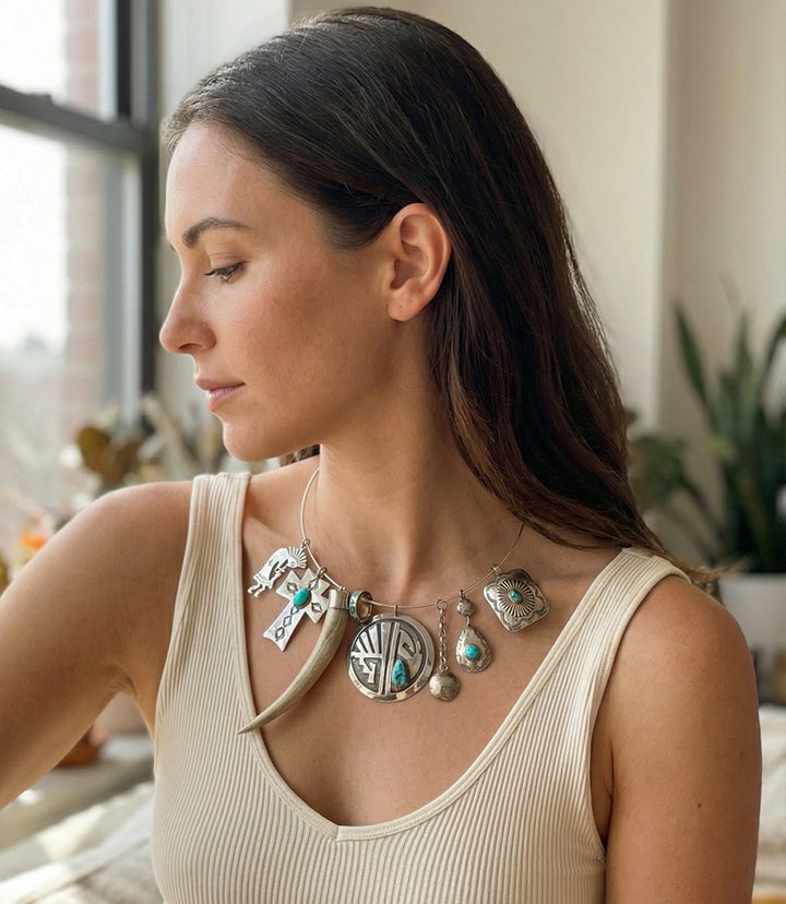 Turquoise, Horn & Native American Motif Necklace