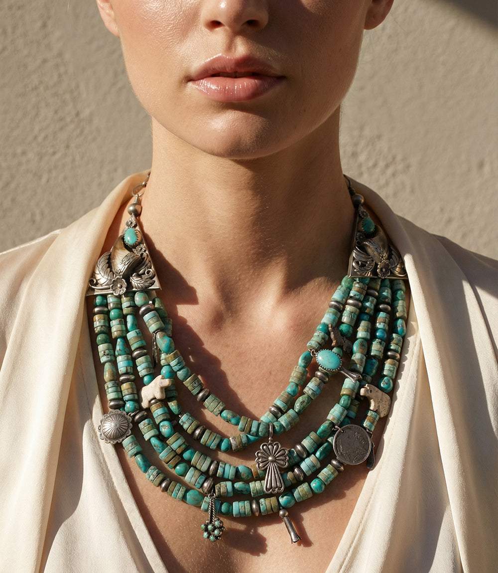 Vintage mixed turquoise and charms strand necklace with sterling silver accents and triangle end caps