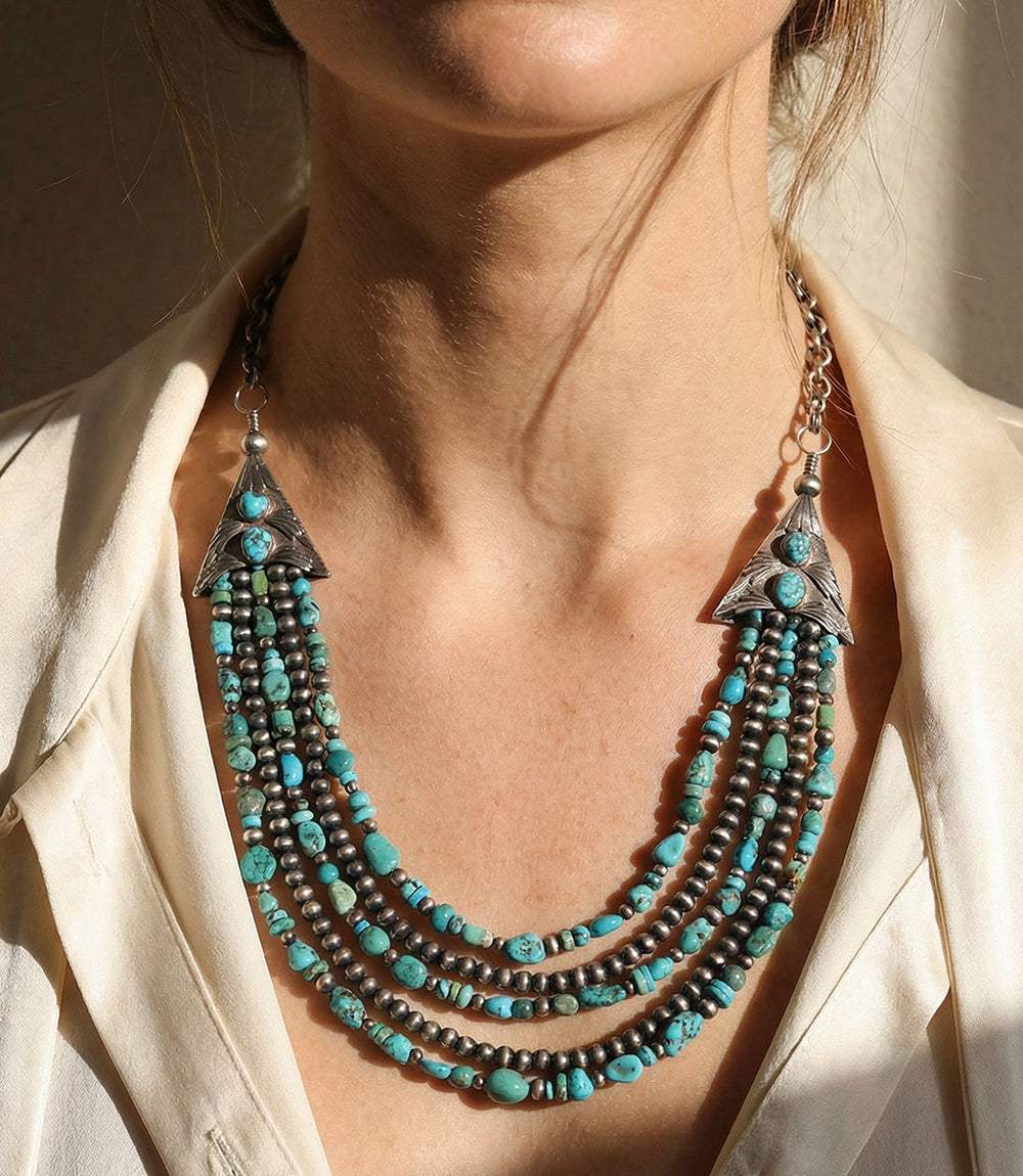 Vintage mixed turquoise multi-strand necklace with sterling silver triangle caps and classic chain