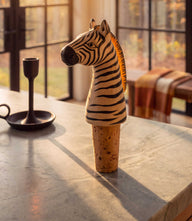 Wooden zebra bottle stopper with natural cork base for drink preservation