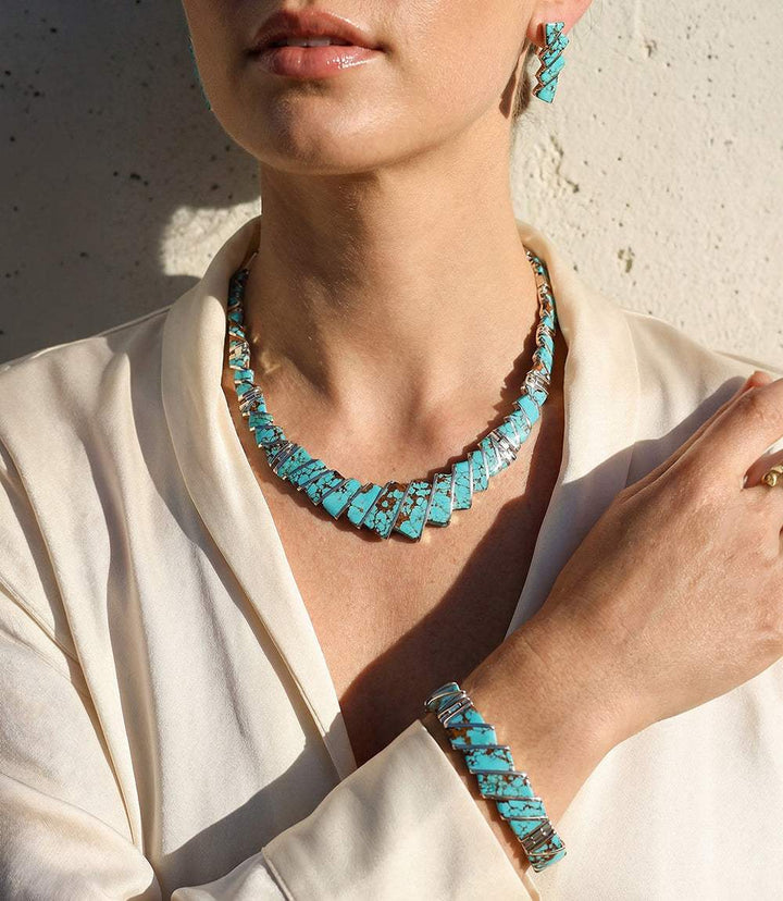 #8 turquoise necklace, bracelet, and earring set with sterling silver and vibrant blue-green stones
