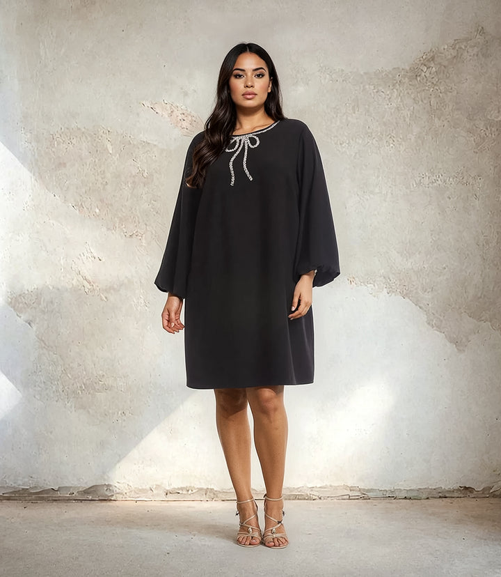 Plus Size Puff Sleeve Embellished Bow Shift Dress