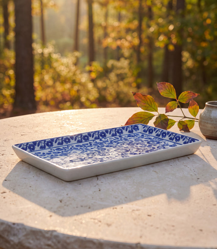 Hand-Painted Porcelain Blue And White Floral Tray