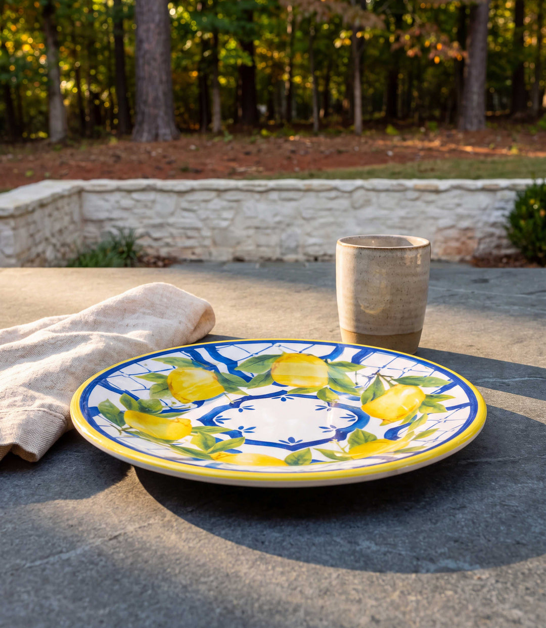 Melamine Capri Salad Plate with bright lemons and Talavera patterns on lightweight melamine