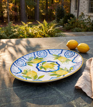 Melamine Capri Serving Platter with lemon and blue tile design, oval shape, durable melamine material for indoor and outdoor use