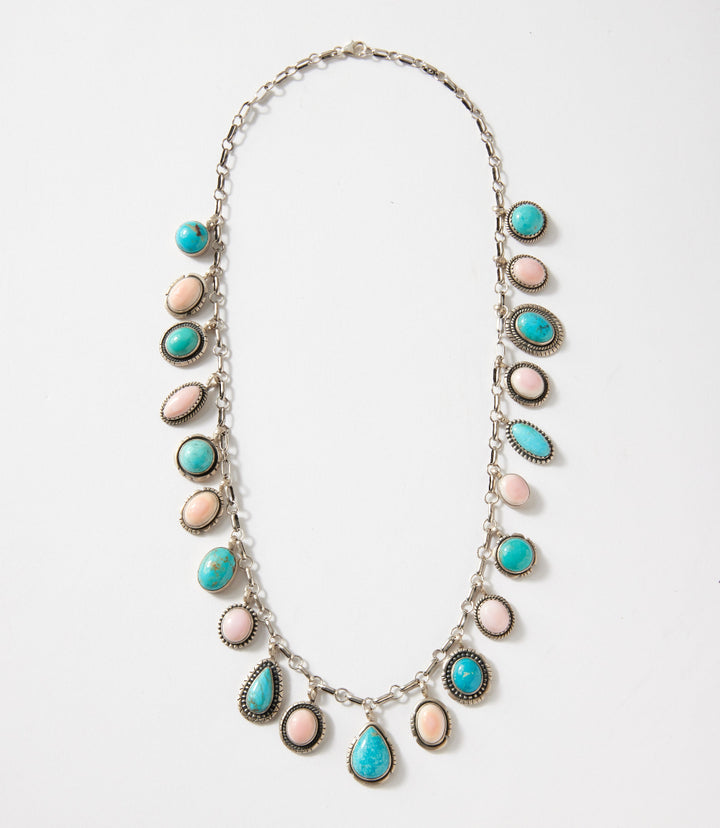 Dangling Turquoise And Pink Conch Necklace