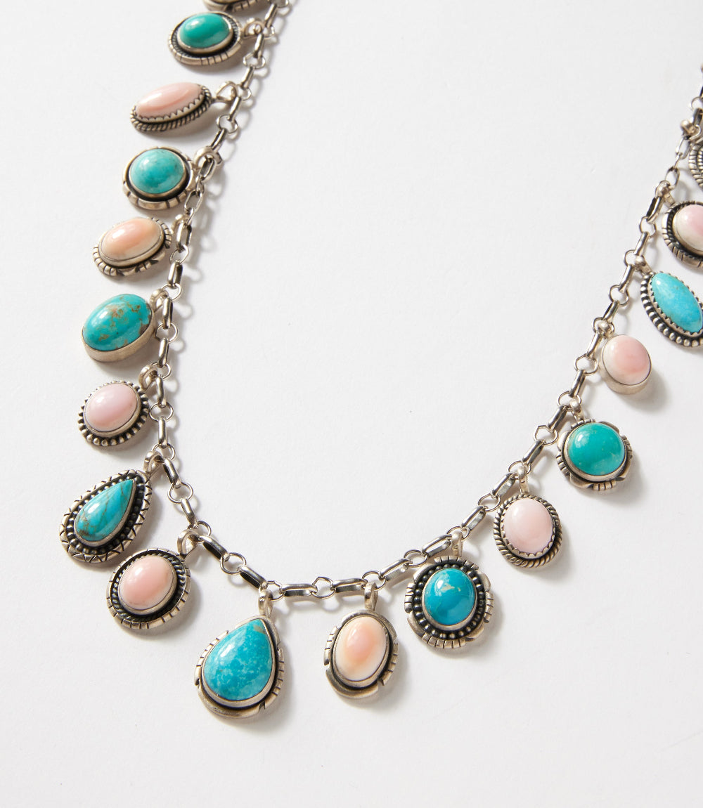 Dangling Turquoise And Pink Conch Necklace