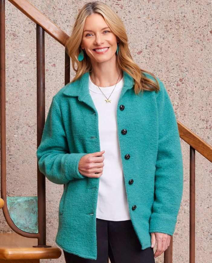 Petite size teal brushed wool blend shirt jacket with button front and collar worn by smiling woman