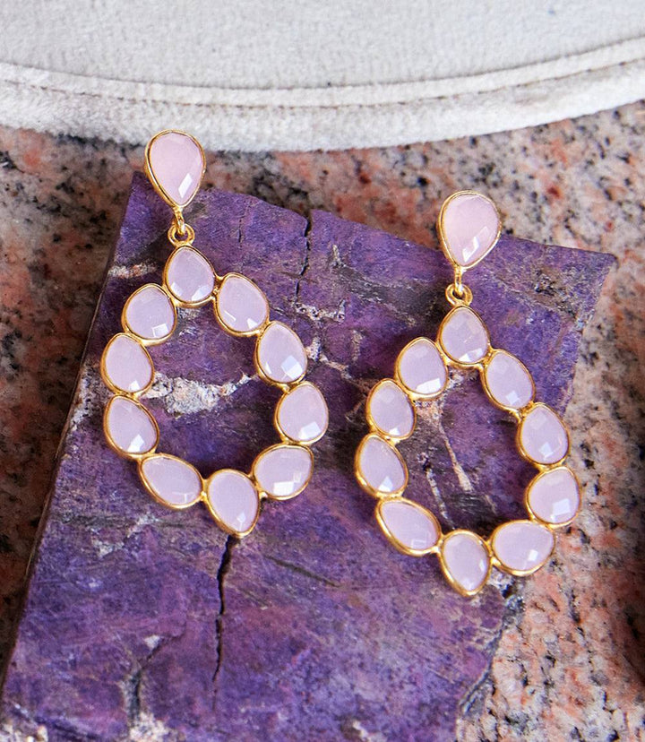 Multi gemstone drop earrings with oval rose quartz stones set in 18k gold plated sterling silver