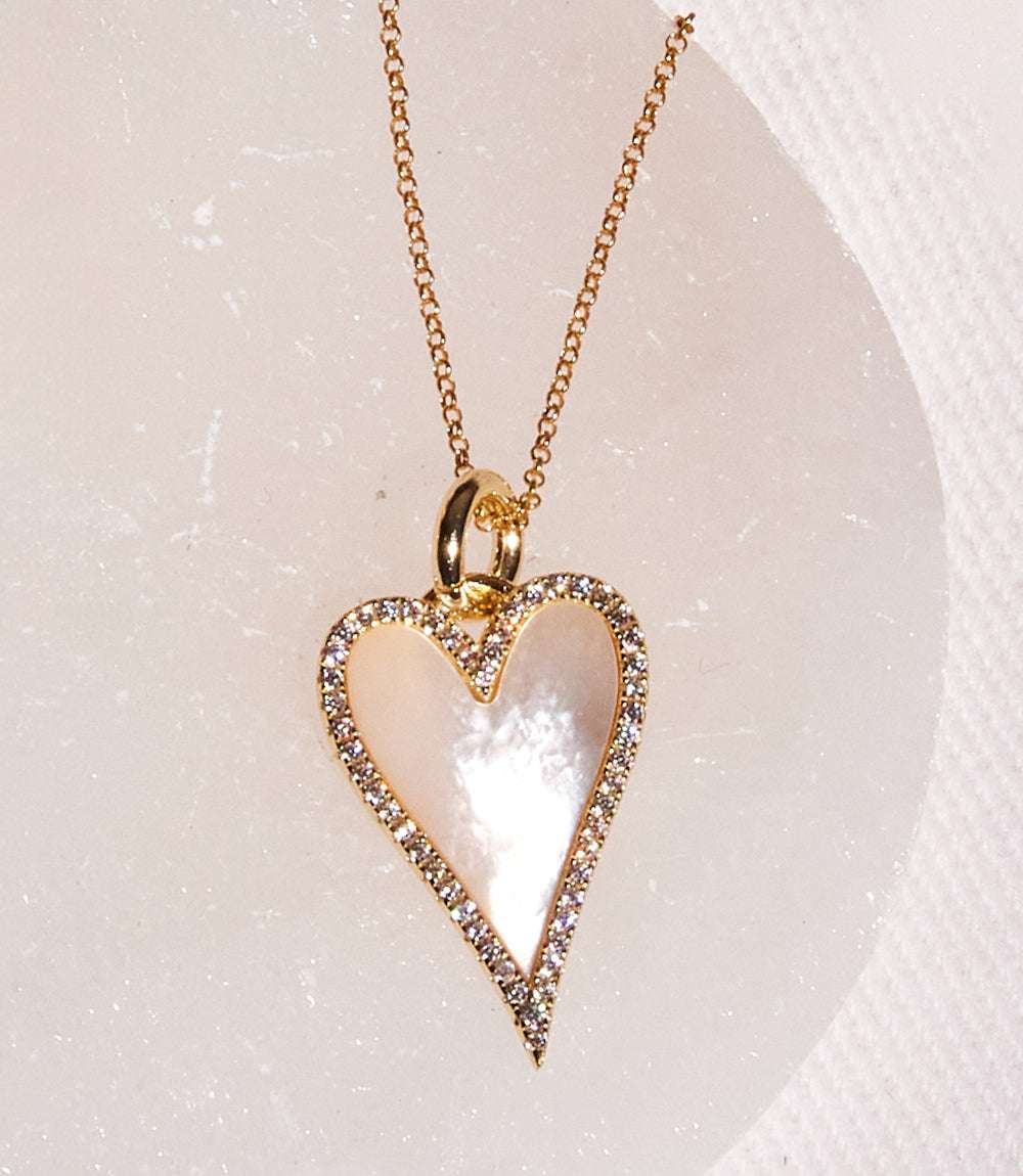Pavé Mother of Pearl heart necklace with gold plated 925 silver chain and crystal embellishments