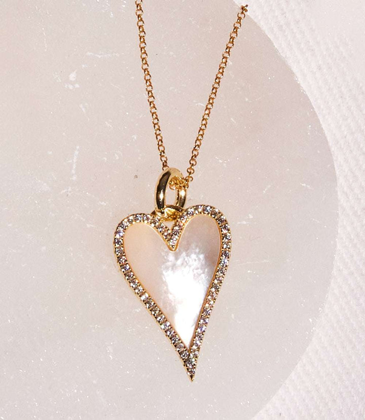 Pavé Mother of Pearl heart necklace with gold plated 925 silver chain and crystal embellishments