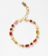 Calypso Crystal Bracelet with red, pink, and multi-colored cubic zirconia stones set in 4K gold vermeil featuring a rainbow moonstone