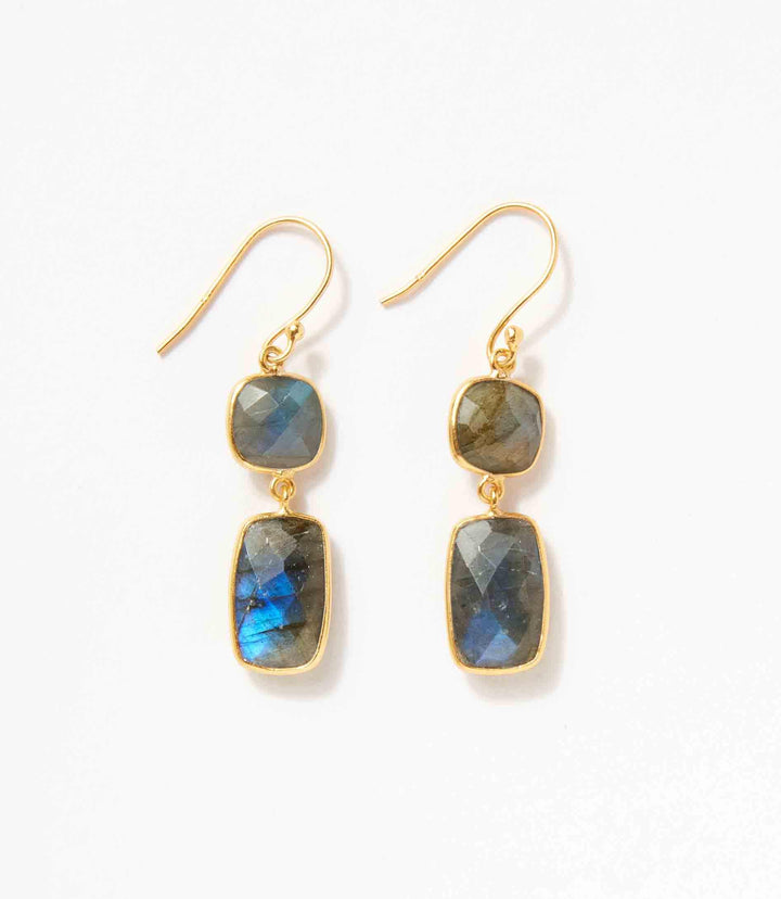 Double drop gemstone earrings with labradorite stones set in 14k gold plated metal.
