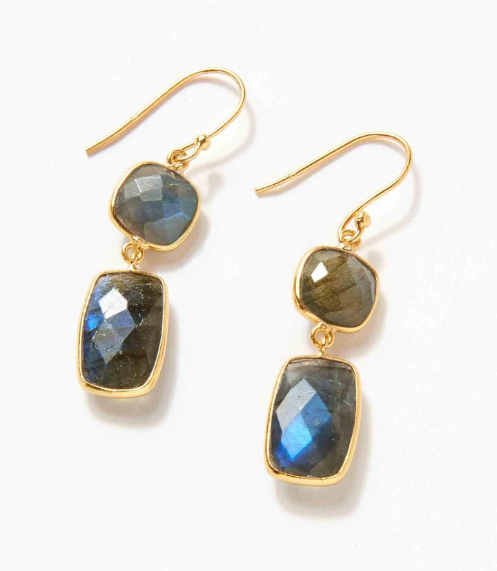 Double Drop Gemstone Earrings with 14k gold plating and labradorite stones, 1.9 inches long