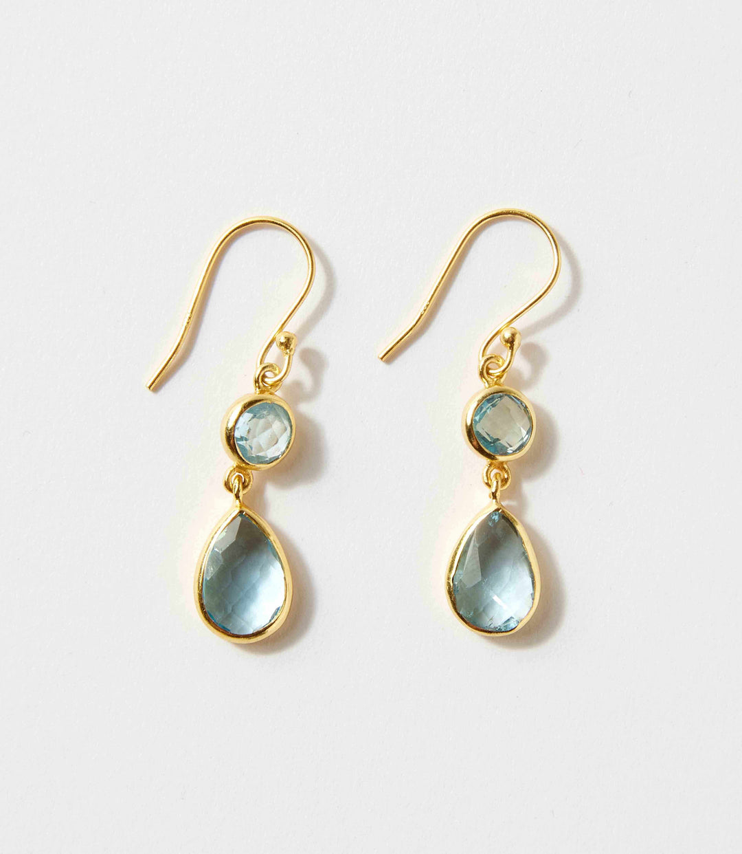 Gold plated double drop earrings featuring natural blue topaz stones in layered design