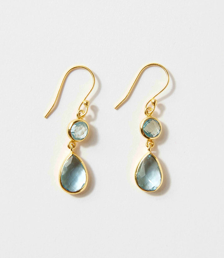 Gold plated double drop earrings featuring natural blue topaz stones in layered design