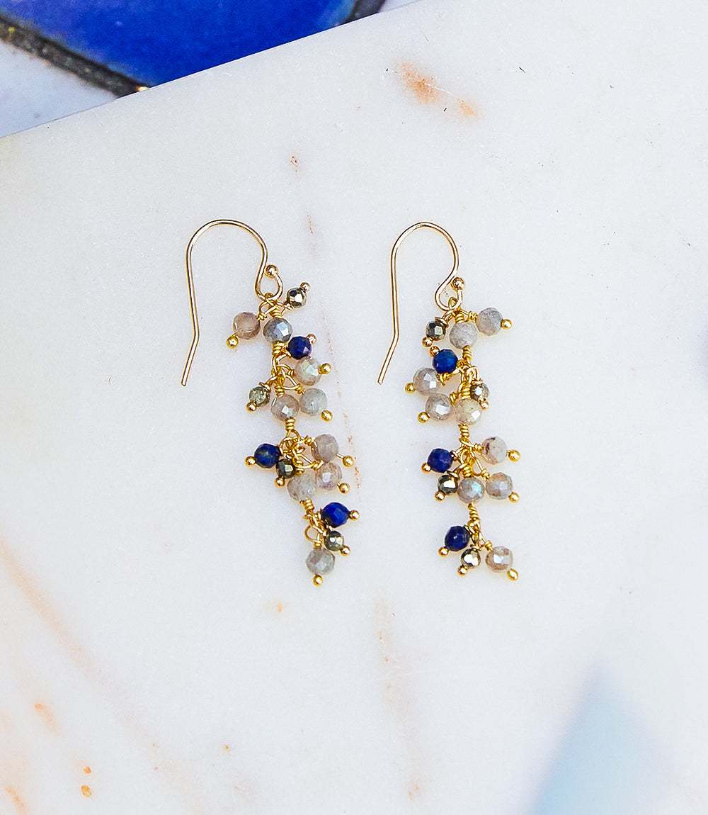 Blue Moon Cluster Earrings with blue kyanite, iolite, and pearl gemstones in sterling silver cluster design