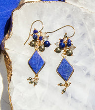 Blue Moon Kite Dangle Earrings with luminous blue stones and gold-filled hooks