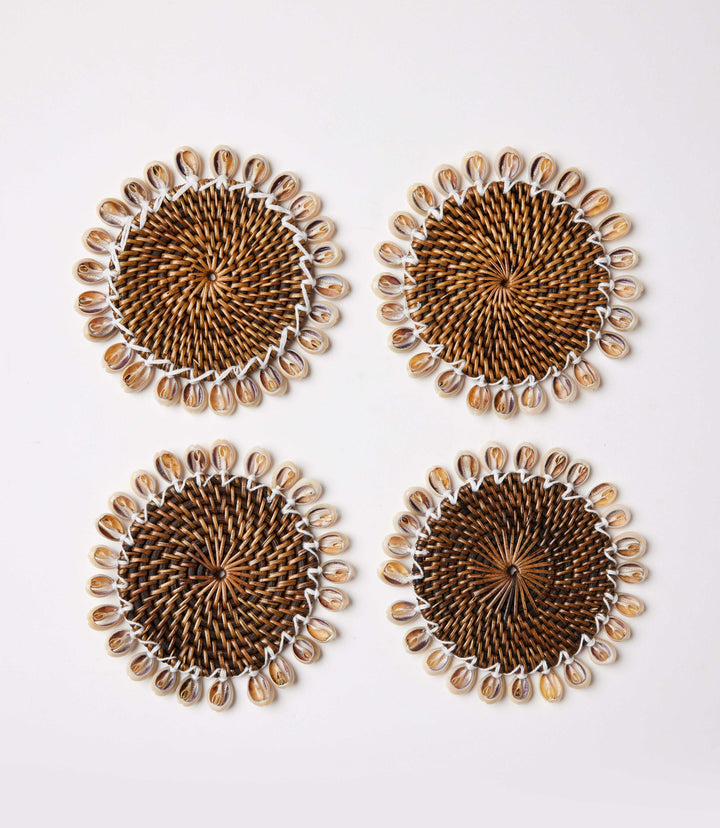 Set of 4 handwoven rattan seashell coasters with cowrie shells for home decor and furniture protection