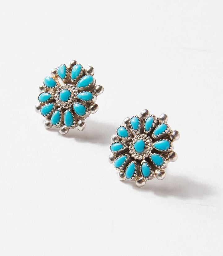 Sterling silver turquoise cluster earrings handcrafted by Zuni Native American artist