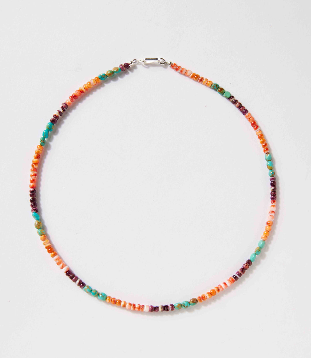 Handcrafted Turquoise and Spiny Oyster bead necklace with sterling silver clasp, Navajo artisan jewelry.